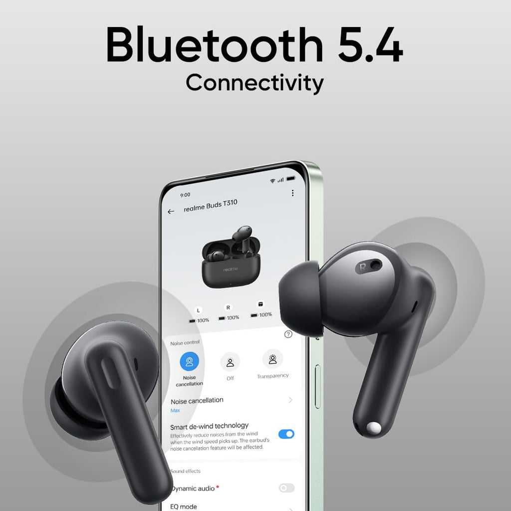 realme Buds T310 True Wireless in-Ear Earbuds with 46dB Hybrid ANC, 360° Spatial Audio, 12.4mm Dynamic Bass Driver, Upto 40Hrs Battery and Fast Charging (Vibrant Black)