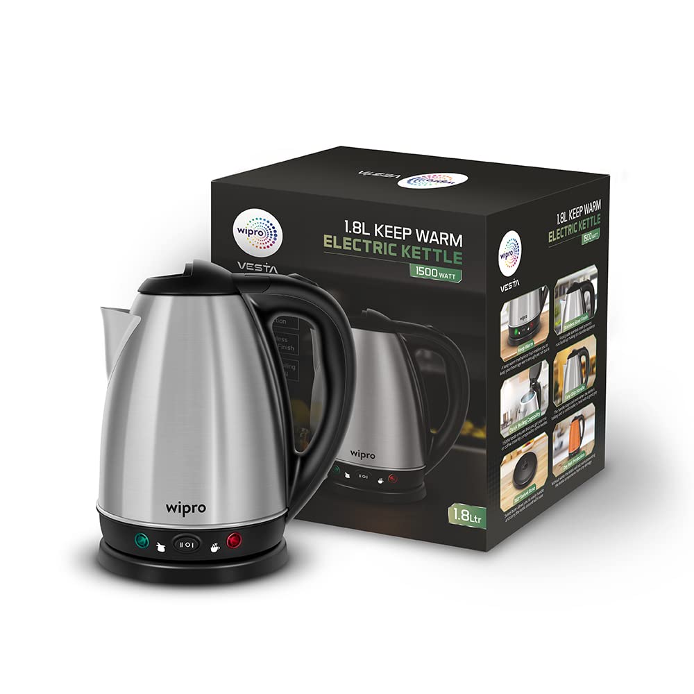 Wipro Vesta 1.8 Litre SS Kettle with Keep warm Function | Auto cut off | Dry Boil Protection & Over Heat Protection | 2 Years Warranty (SS, 1500 Watt)