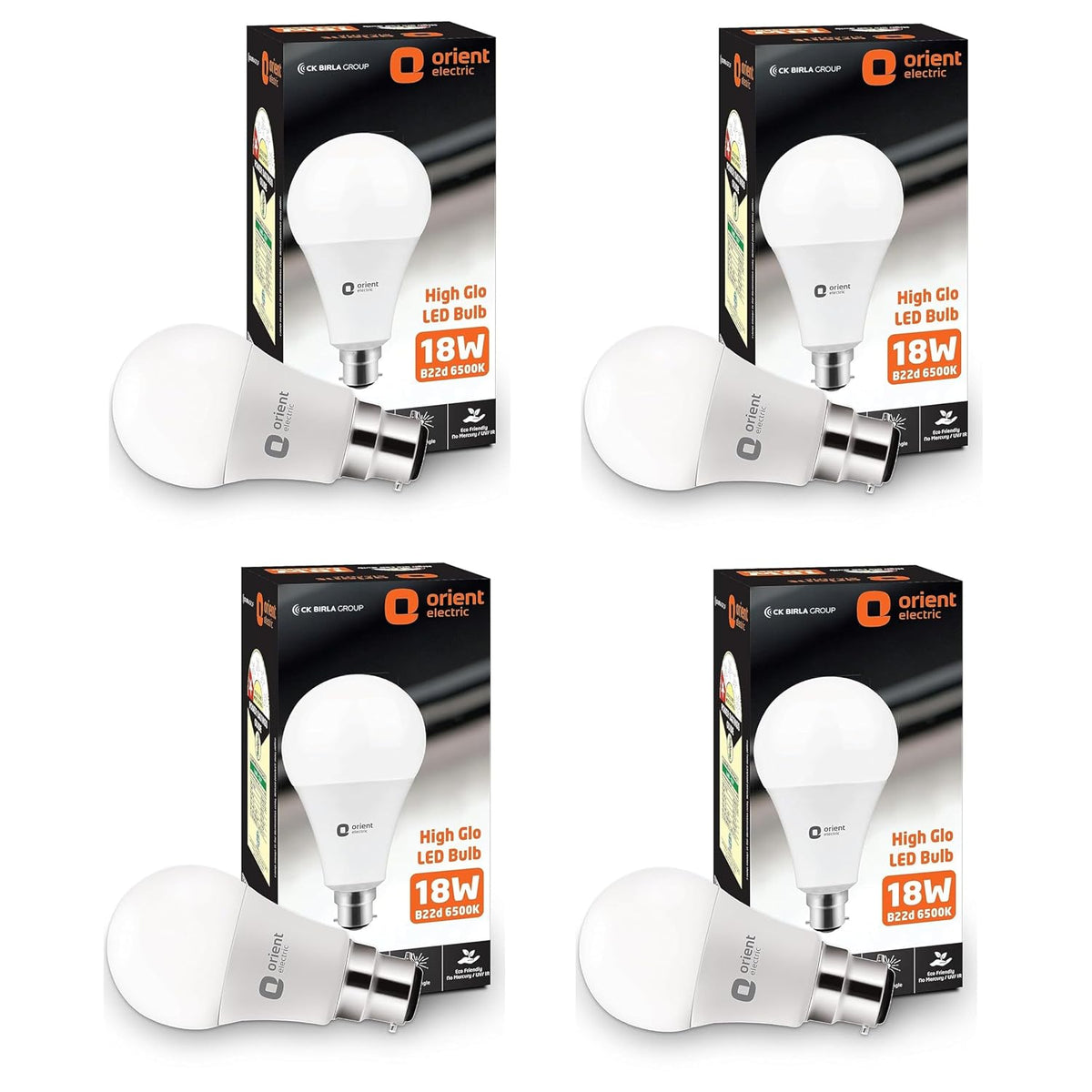 Orient Electric High Glo LED Bulb 18W, B22d cap, 6500K (Pack of 4)