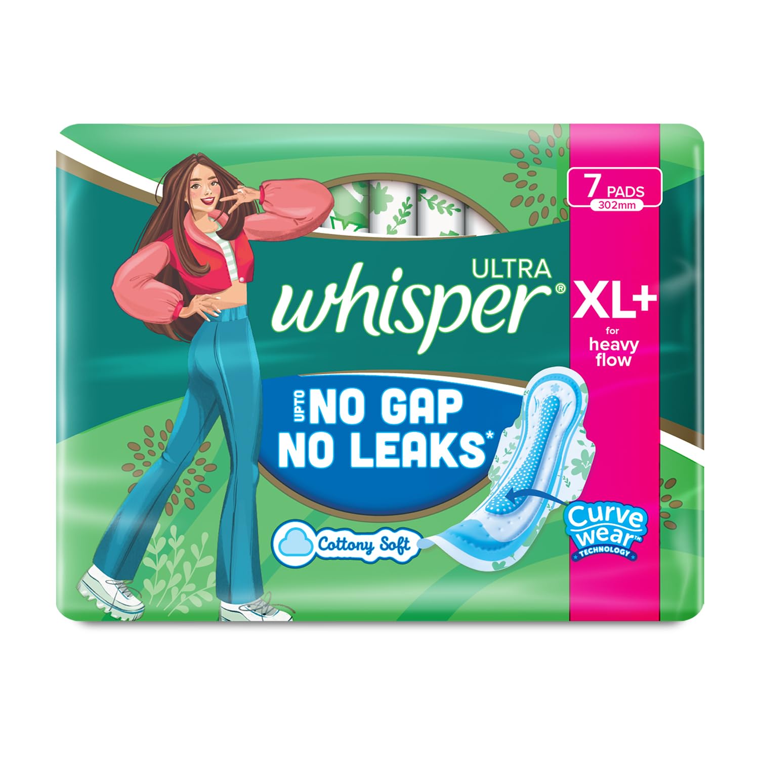 Whisper Ultra Upto No Gap No Leaks* Sanitary Pads, 7 XL+ Pads