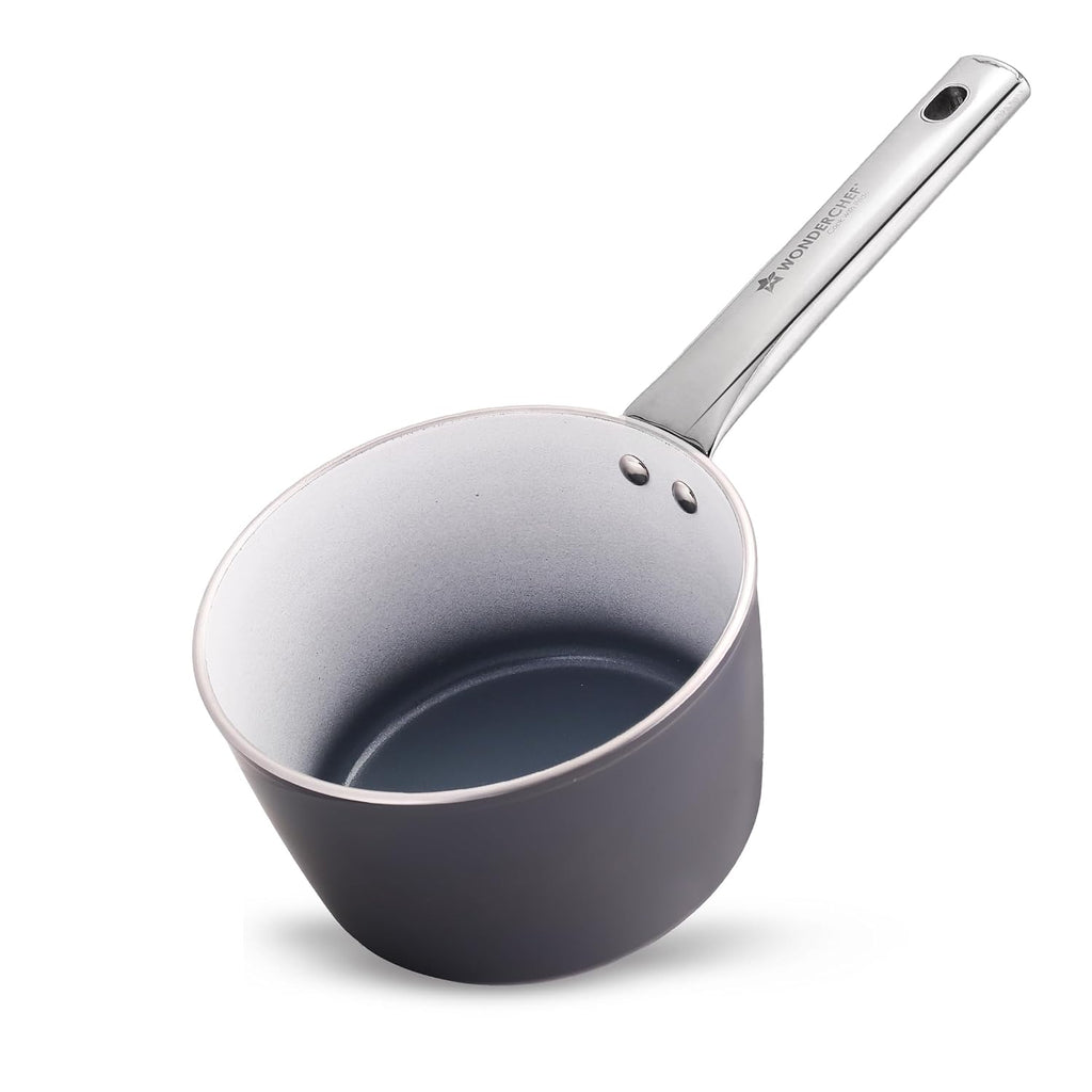 Wonderchef Eco-Glide Saucepan | Chemical-Free Ceramic Coating | 16cm, 1.75L | Healthy, Low Oil Meals | Scratch-Resistant | Stainless-Steel Handle | Gas & Induction Compatible | Grey | Easy to Clean