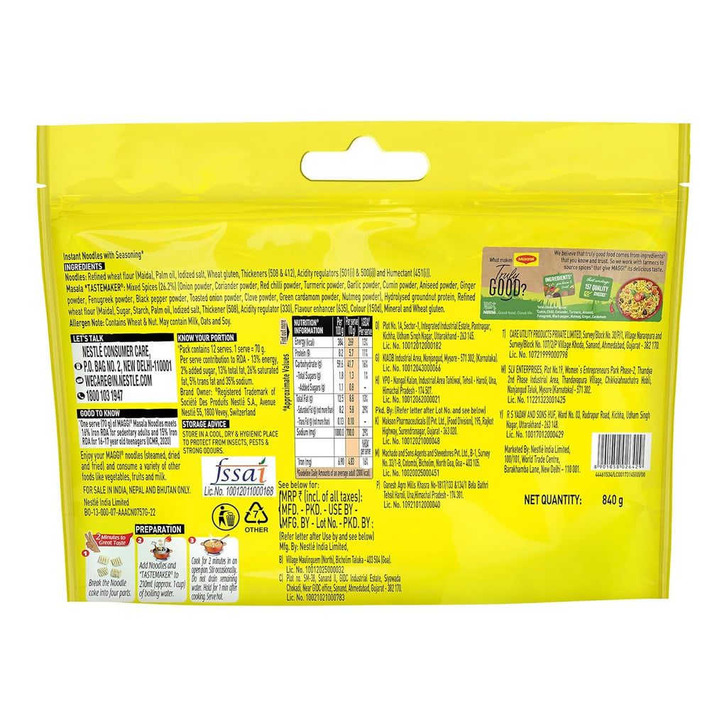 MAGGI 2-Minute Instant Noodles,840/900g Pouch (Pack of 12, 70/75g each)