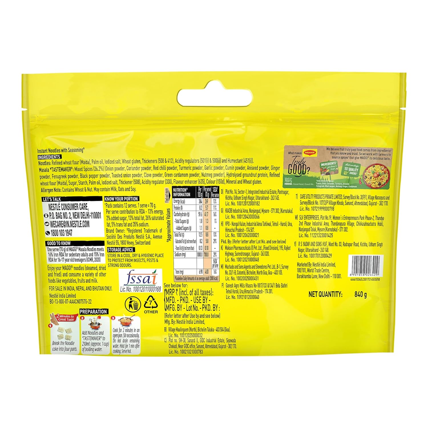 MAGGI 2-Minute Instant Noodles,840/900g Pouch (Pack of 12, 70/75g each)
