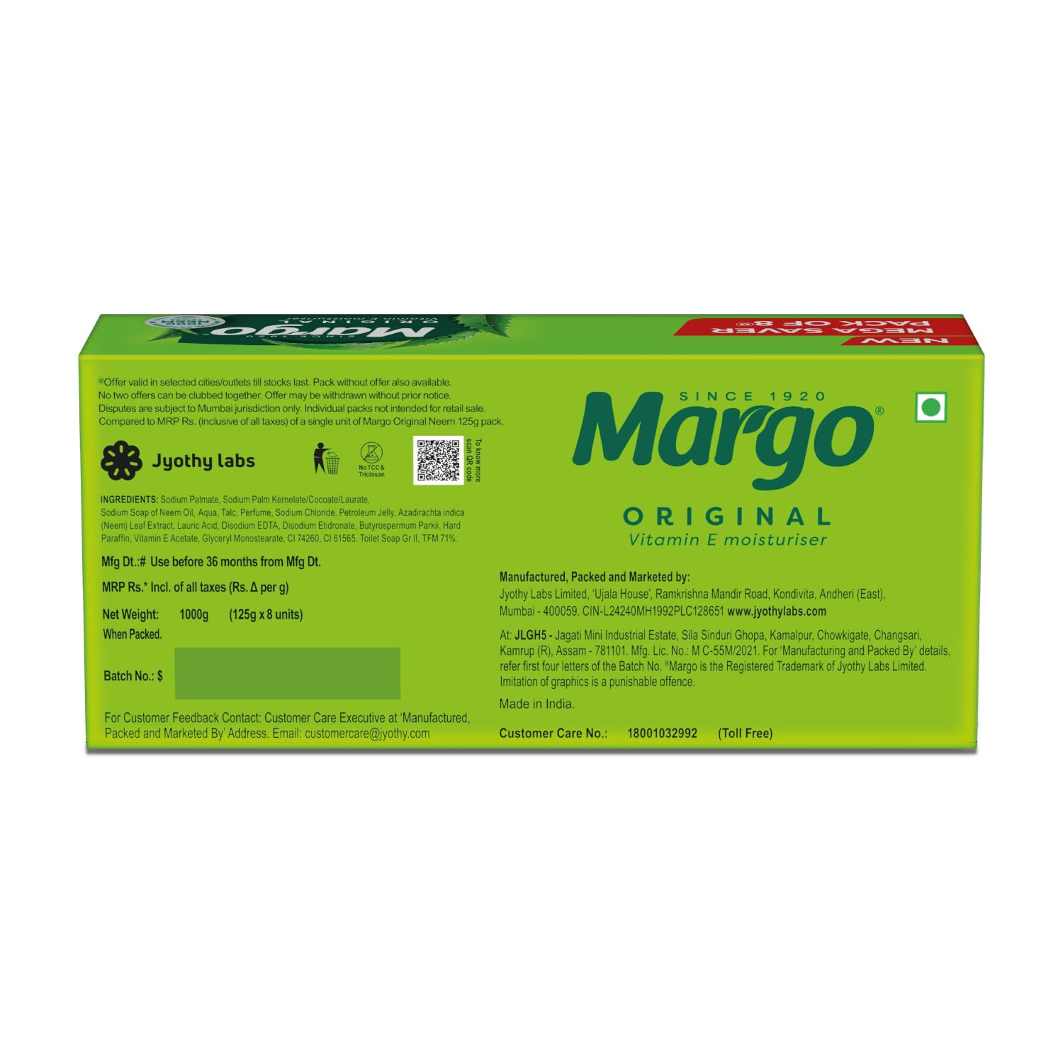 Margo Original Neem Soap 125gm X 8 | Powered With Goodness of 1000 Natural Neem Leaves | Soap for Clear and Beautiful Skin | Infused with Vitamin E for...