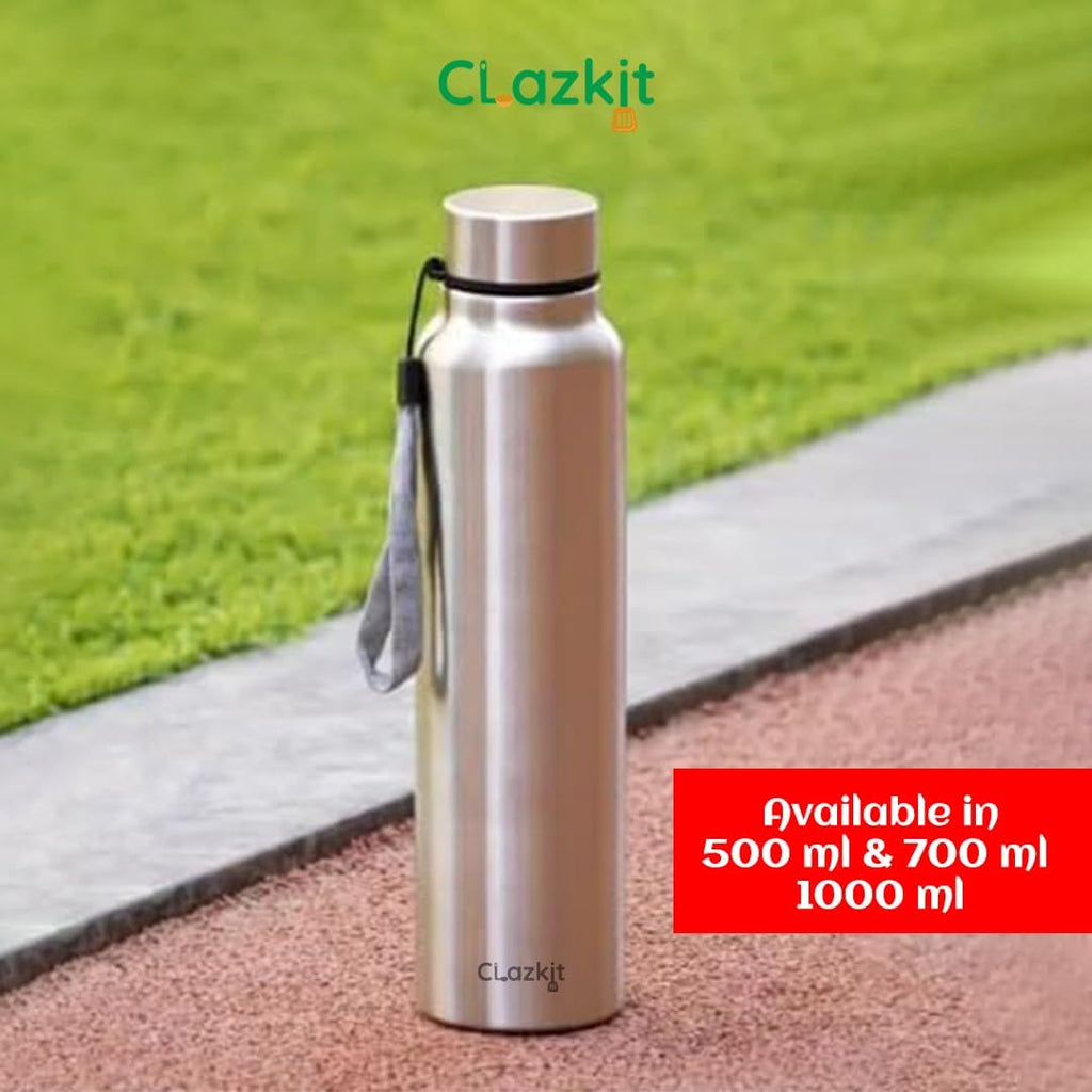 Clazkit Water Bottle Stainless Steel Sports/Fridge Bottle with Leak Proof Lid | Single Wall | For Home, Office, Gym, Travelling | Lightweight | BPA Free | 1000ml | Silver)