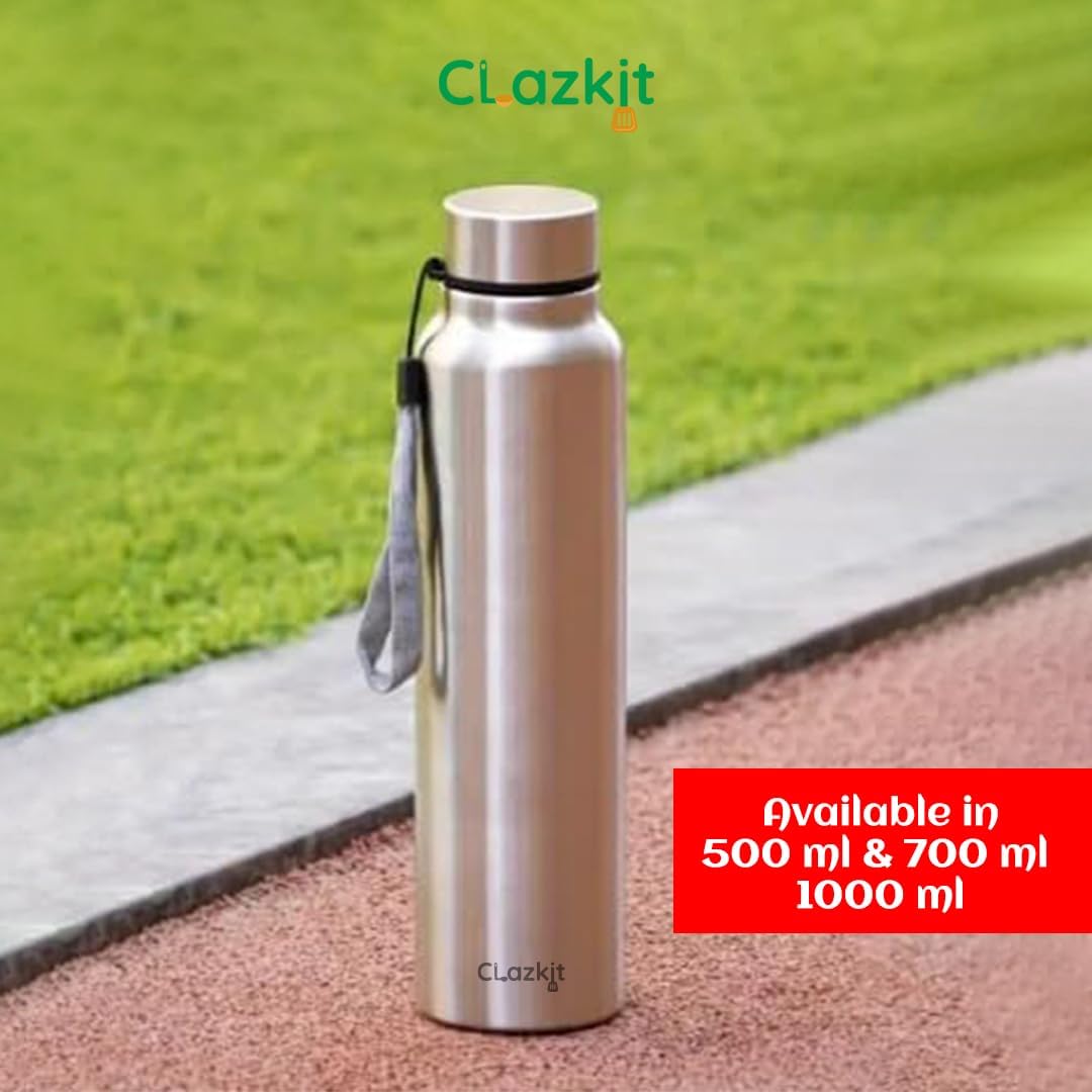 Clazkit Water Bottle Stainless Steel Sports/Fridge Bottle with Leak Proof Lid | Single Wall | For Home, Office, Gym, Travelling | Lightweight | BPA Free | 1000ml | Silver)