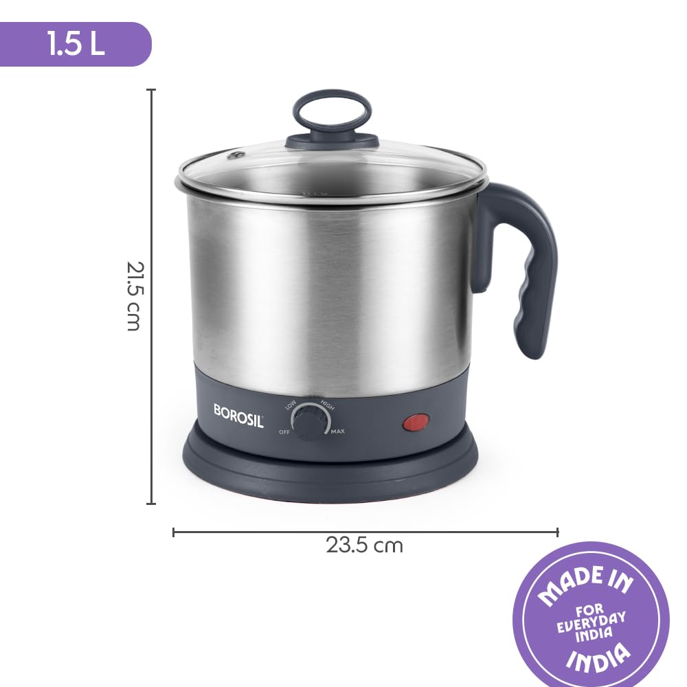 Borosil 1.5L Omni Stainless Steel Electric Kettle | Made in India | Can Boil upto 7 Eggs | Temperature Control Knob, Overheat Protection | 360° Rotating Base | Auto Cut-Off | 1 Year Warranty