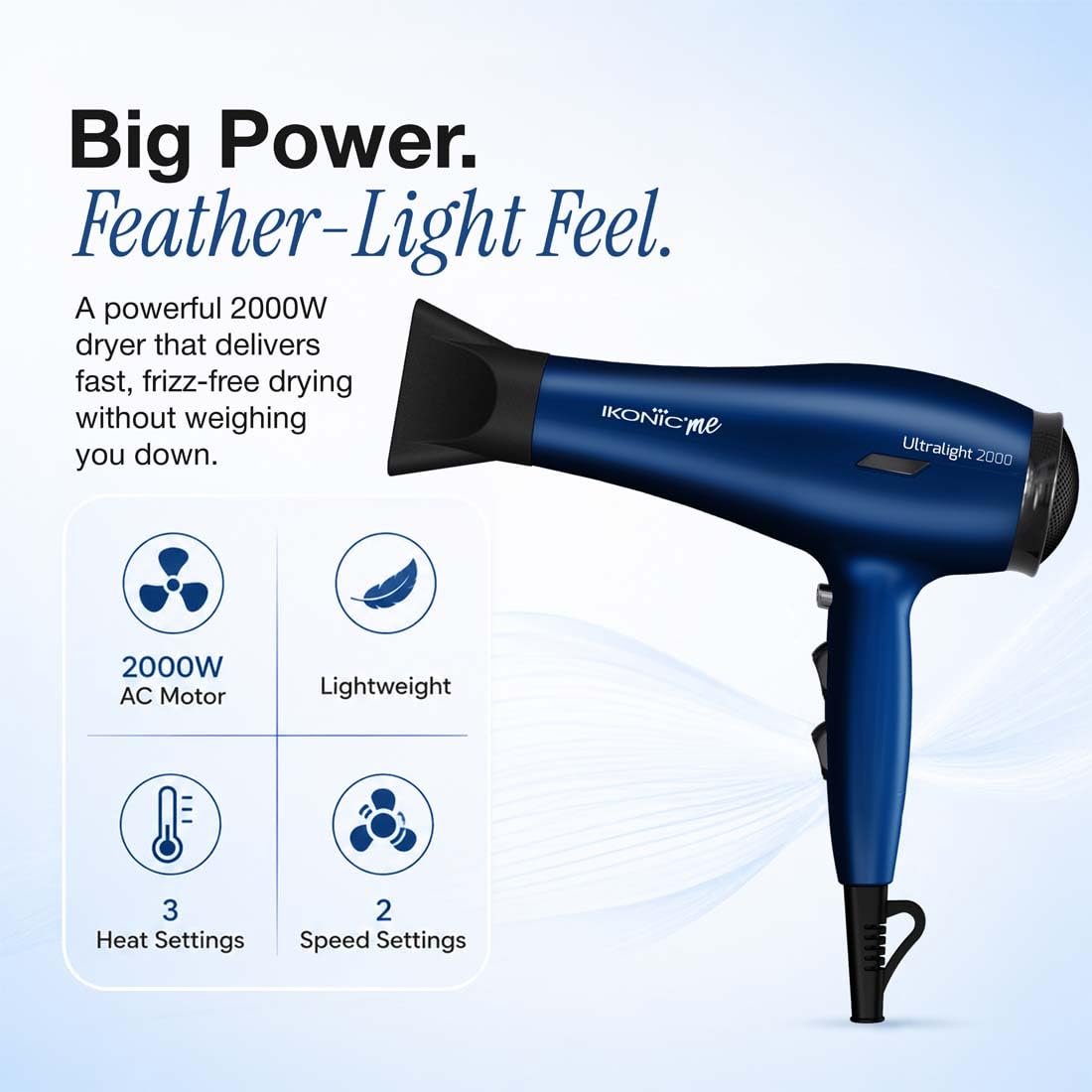 Ikonic Me Ultralight Professional Hair Dryer 2000 Watts With Nozzle, Diffuser, Hot And Cold Air Feauture, 2 Speed 3 Heat Settings With Cool Shot, Hanging Loop, For Both Men And Women, Suitable For All Hair Types, 1 Yr Warranty, Blue