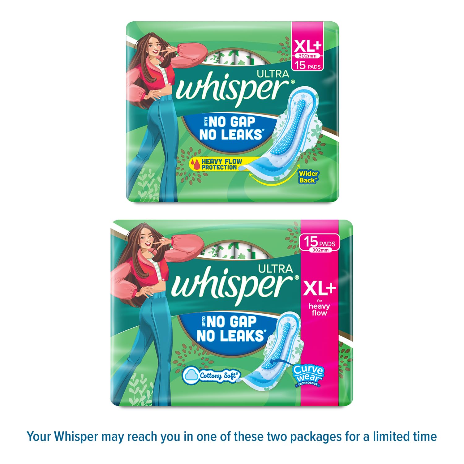 Whisper Ultra Upto No Gap No Leaks* Sanitary Pads, 15 XL+ Pads