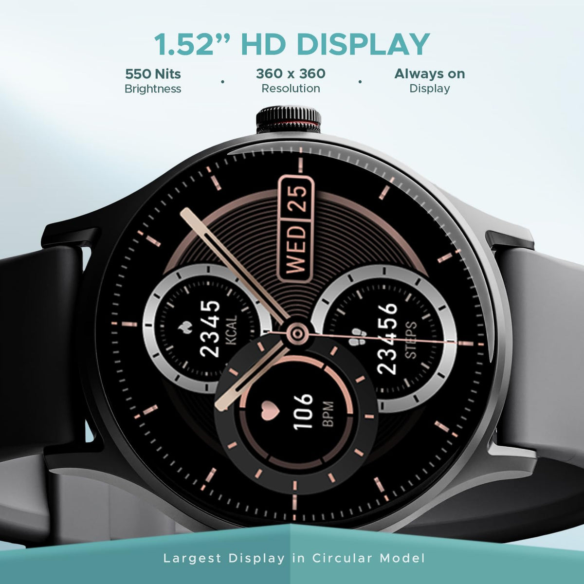 boAt Lunar Vista w/Large 1.52" (3.8 cm) AuraVue Display, AOD, 550 Nits Brightness, Functional Crown,100+ Sports Mode, Heart Rate & Sp02 Monitoring, Fitness Smart Watch for Men & Women (Cool Grey)