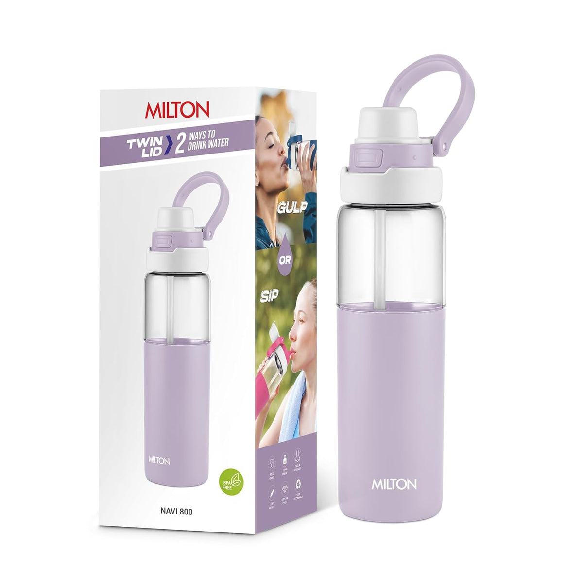MILTON Navi 800 2-in-1 Lid Sip or Gulp Water Bottle 800 ml | Sturdy Handle I BPA Free| Food-Grade | One-Touch Open | Leak-Proof | Ideal for Office, School, College, Gym, Violet