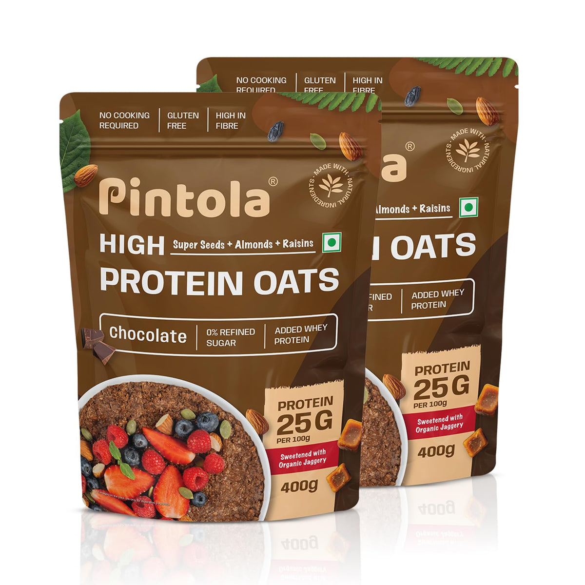 PINTOLA 25g High Protein Oats 400g, Dark Chocolate,No Refined Sugar, with Almonds Raisin, Pumpkin and Chia Seeds, 8g Fibre, Rolled Oats, Breakfast Cereals | Gluten Free (Pack of 2)
