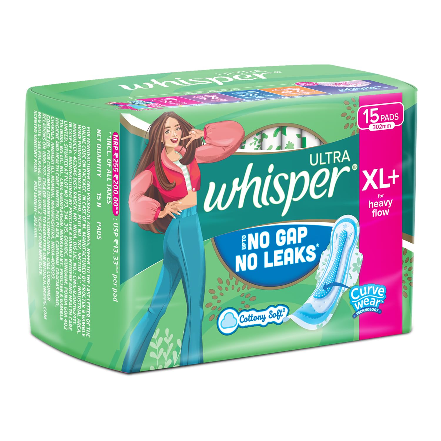 Whisper Ultra Upto No Gap No Leaks* Sanitary Pads, 15 XL+ Pads
