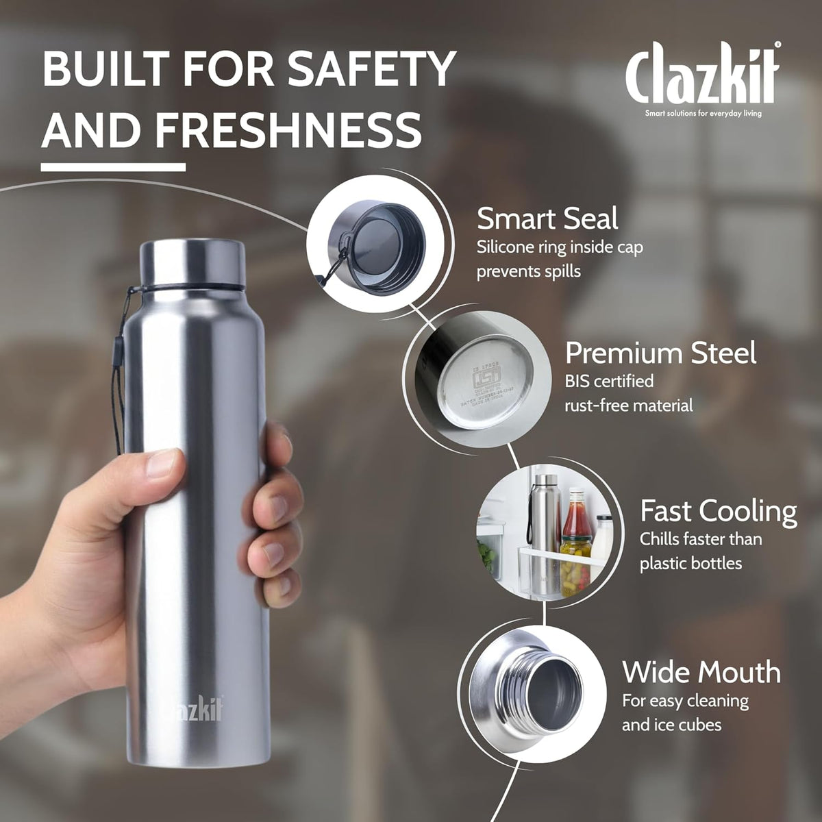 Clazkit Water Bottle Stainless Steel Sports/Fridge Bottle with Leak Proof Lid | Single Wall | For Home, Office, Gym, Travelling | Lightweight | BPA Free | 1000ml | Silver)