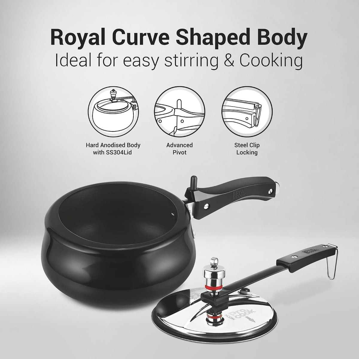 Milton Pro Cook Induction Cookware & Gas Stove Friendly Hard Anodized Royal Curve Pressure Cooker 5 Litre | SS304 Stainless Steel Inner Lid | 2X Harder Alloy Steel | ISI Certified | 5 Year Warranty