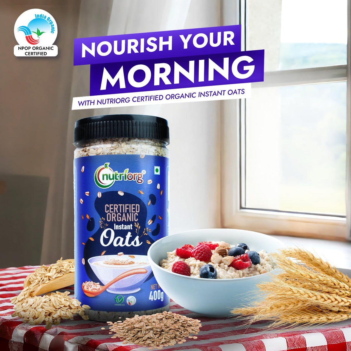 NutriOrg Instant Oats 400g | Organic & Gluten Free | High fibre & Protein Rich | Easy to Cook | Nutritional Breakfast