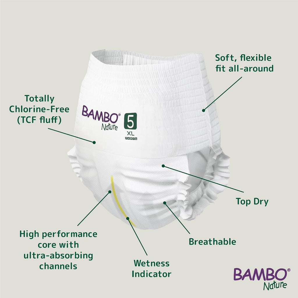 Bambo Nature Premium Baby Pants Diapers for Kids XL Size (11-17 Kgs), Super Absorbent, Breathable, Extra Soft, Dermatologically Tested, Hypoallergenic Nappies With Wetness Indicator, 95 Count