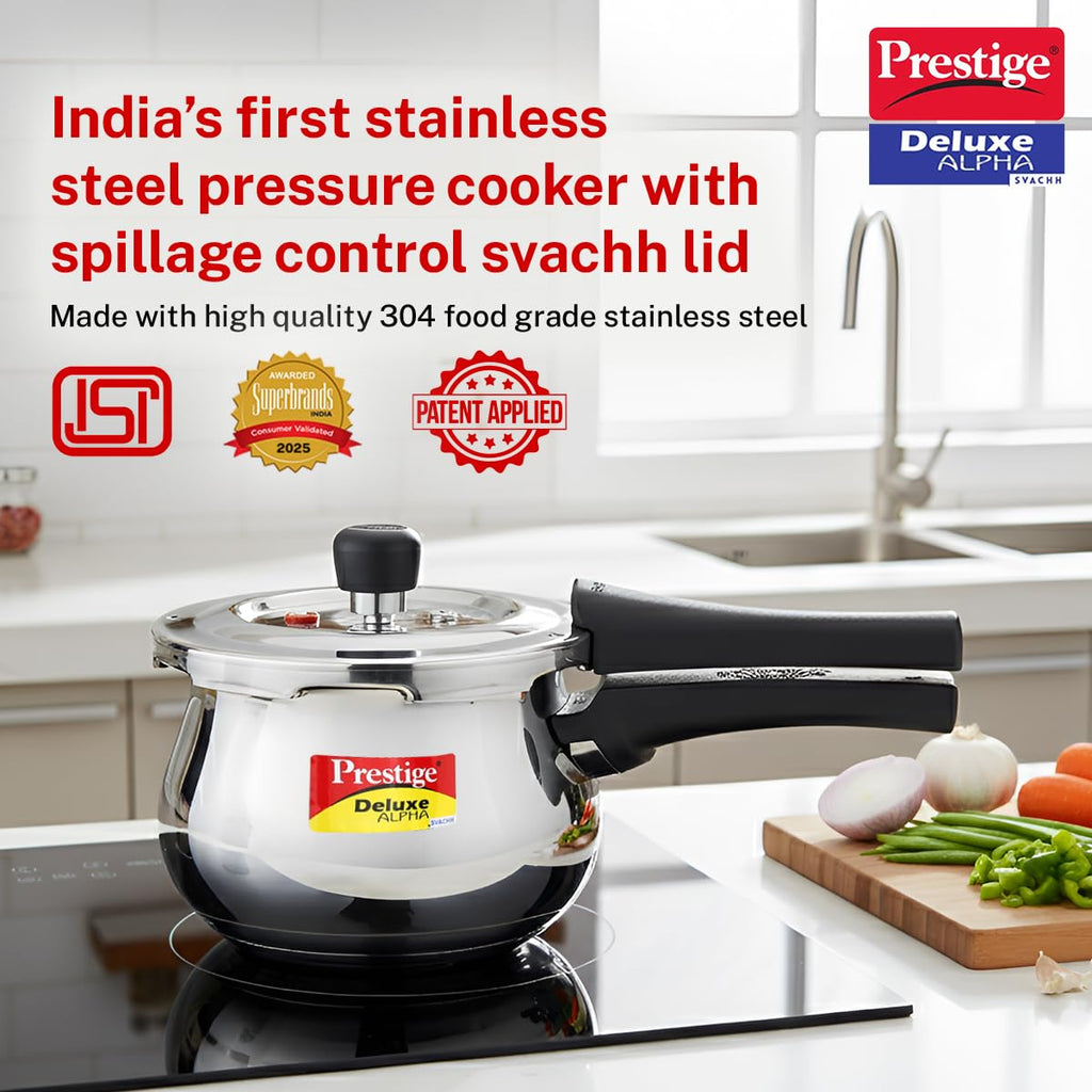 Prestige 2 Litre Stainless Steel Deluxe Alpha Svachh Outerlid Baby Handi Pressure Cooker|10 years warrantyDeep lid for spillage control|Gas & Induction compatible|ISI Certified