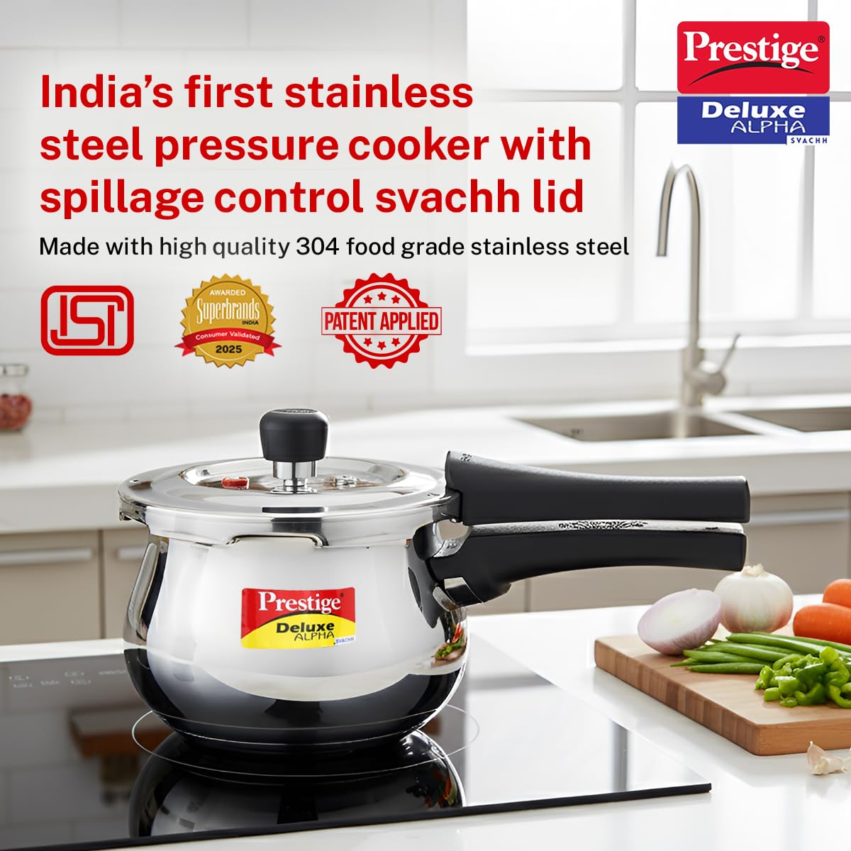 Prestige 2 Litre Stainless Steel Deluxe Alpha Svachh Outerlid Baby Handi Pressure Cooker|10 years warrantyDeep lid for spillage control|Gas & Induction compatible|ISI Certified