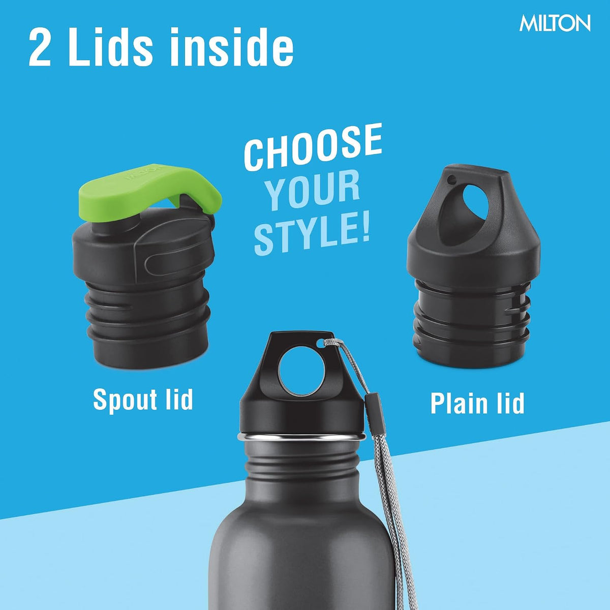 MILTON Marine 900 Stainless Steel Water Bottle, 2 Leakproof Lid, Single Walled, ISI Certified I For School, Office, Gym I 880 ml, Black