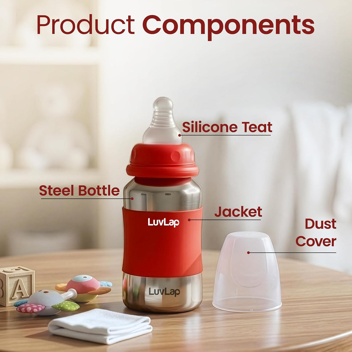 LuvLap Baby Steel Feeding Bottle 140ml, Made of SS304 Rust Free Steel, Baby Milk/Water Bottle with Dust Cover, Heat Protective Silicone Cover, BPA Free, Odour Free, Leak Proof, Red, 0M+