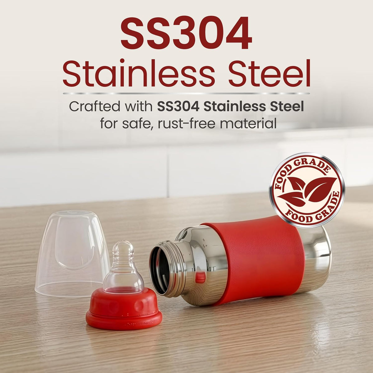 LuvLap Baby Steel Feeding Bottle 140ml, Made of SS304 Rust Free Steel, Baby Milk/Water Bottle with Dust Cover, Heat Protective Silicone Cover, BPA Free, Odour Free, Leak Proof, Red, 0M+