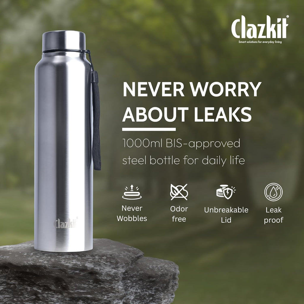 Clazkit Water Bottle Stainless Steel Sports/Fridge Bottle with Leak Proof Lid | Single Wall | For Home, Office, Gym, Travelling | Lightweight | BPA Free | 1000ml | Silver)