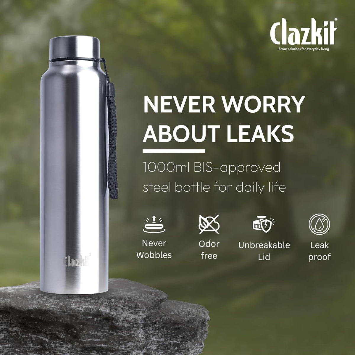 Clazkit Water Bottle Stainless Steel Sports/Fridge Bottle with Leak Proof Lid | Single Wall | For Home, Office, Gym, Travelling | Lightweight | BPA Free | 1000ml | Silver)