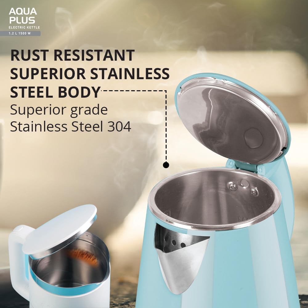 Havells Aqua Plus Electric Kettle 1.2 Litre, 1250 Watt | 304 Stainless Steel Inner Body | Cool Touch Body | Auto Shut-Off |Wider Mouth|2 Years Door Step Warranty by Havells (Blue)