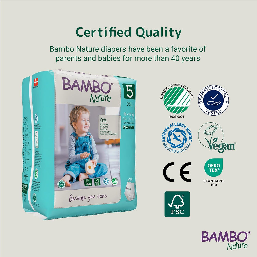 Bambo Nature Premium Baby Pants Diapers for Kids XL Size (11-17 Kgs), Super Absorbent, Breathable, Extra Soft, Dermatologically Tested, Hypoallergenic Nappies With Wetness Indicator, 95 Count