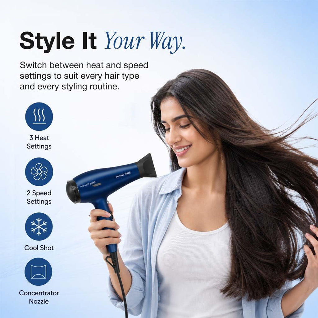 Ikonic Me Ultralight Professional Hair Dryer 2000 Watts With Nozzle, Diffuser, Hot And Cold Air Feauture, 2 Speed 3 Heat Settings With Cool Shot, Hanging Loop, For Both Men And Women, Suitable For All Hair Types, 1 Yr Warranty, Blue