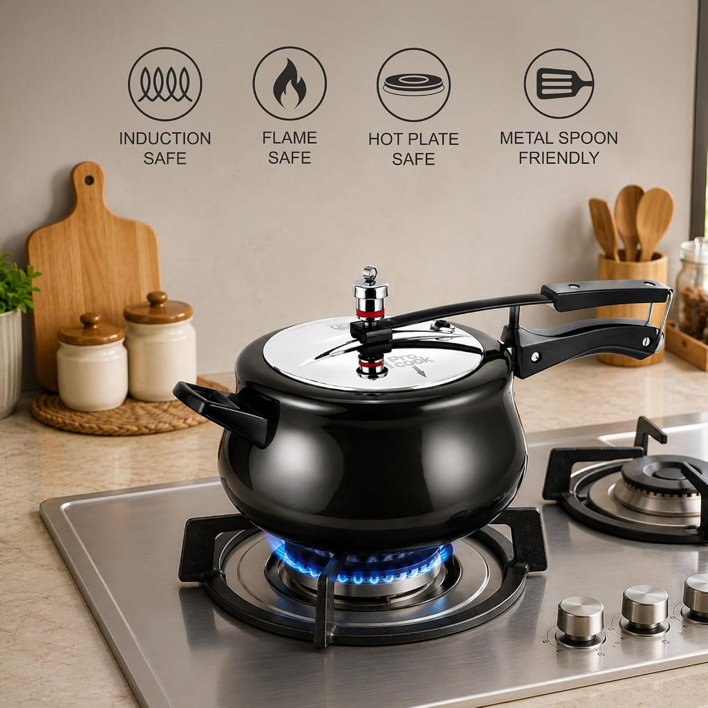Milton Pro Cook Induction Cookware & Gas Stove Friendly Hard Anodized Royal Curve Pressure Cooker 5 Litre | SS304 Stainless Steel Inner Lid | 2X Harder Alloy Steel | ISI Certified | 5 Year Warranty