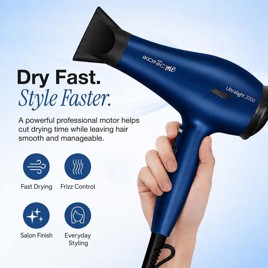 Ikonic Me Ultralight Professional Hair Dryer 2000 Watts With Nozzle, Diffuser, Hot And Cold Air Feauture, 2 Speed 3 Heat Settings With Cool Shot, Hanging Loop, For Both Men And Women, Suitable For All Hair Types, 1 Yr Warranty, Blue