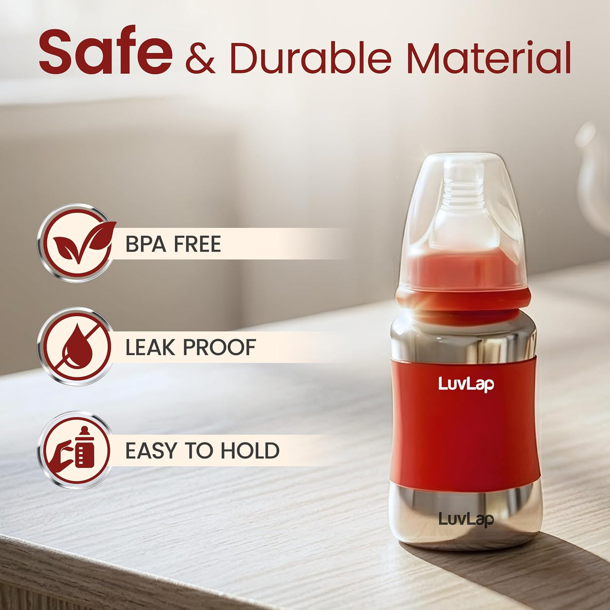 LuvLap Baby Steel Feeding Bottle 140ml, Made of SS304 Rust Free Steel, Baby Milk/Water Bottle with Dust Cover, Heat Protective Silicone Cover, BPA Free, Odour Free, Leak Proof, Red, 0M+