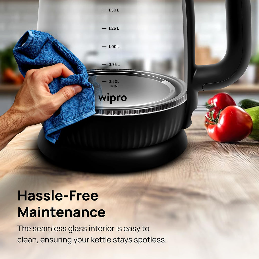 Wipro Elato BK214 1.8 litre Glass LED electric Kettle| Auto cut off | Triple Protection - Dry Boil, Steam & Over Heat |Stainless Steel Inner Body | 1200 watts