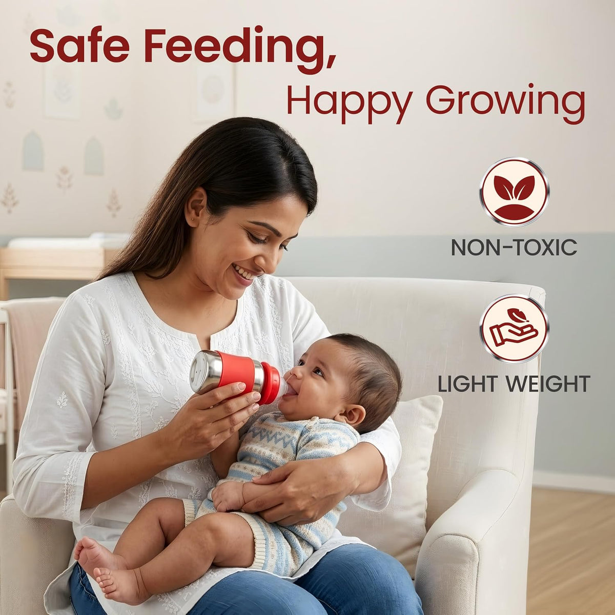 LuvLap Baby Steel Feeding Bottle 140ml, Made of SS304 Rust Free Steel, Baby Milk/Water Bottle with Dust Cover, Heat Protective Silicone Cover, BPA Free, Odour Free, Leak Proof, Red, 0M+