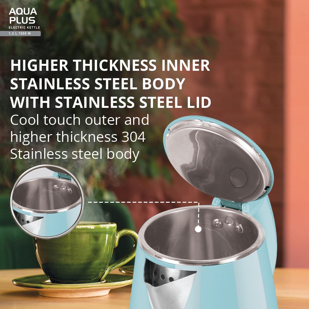Havells Aqua Plus Electric Kettle 1.2 Litre, 1250 Watt | 304 Stainless Steel Inner Body | Cool Touch Body | Auto Shut-Off |Wider Mouth|2 Years Door Step Warranty by Havells (Blue)