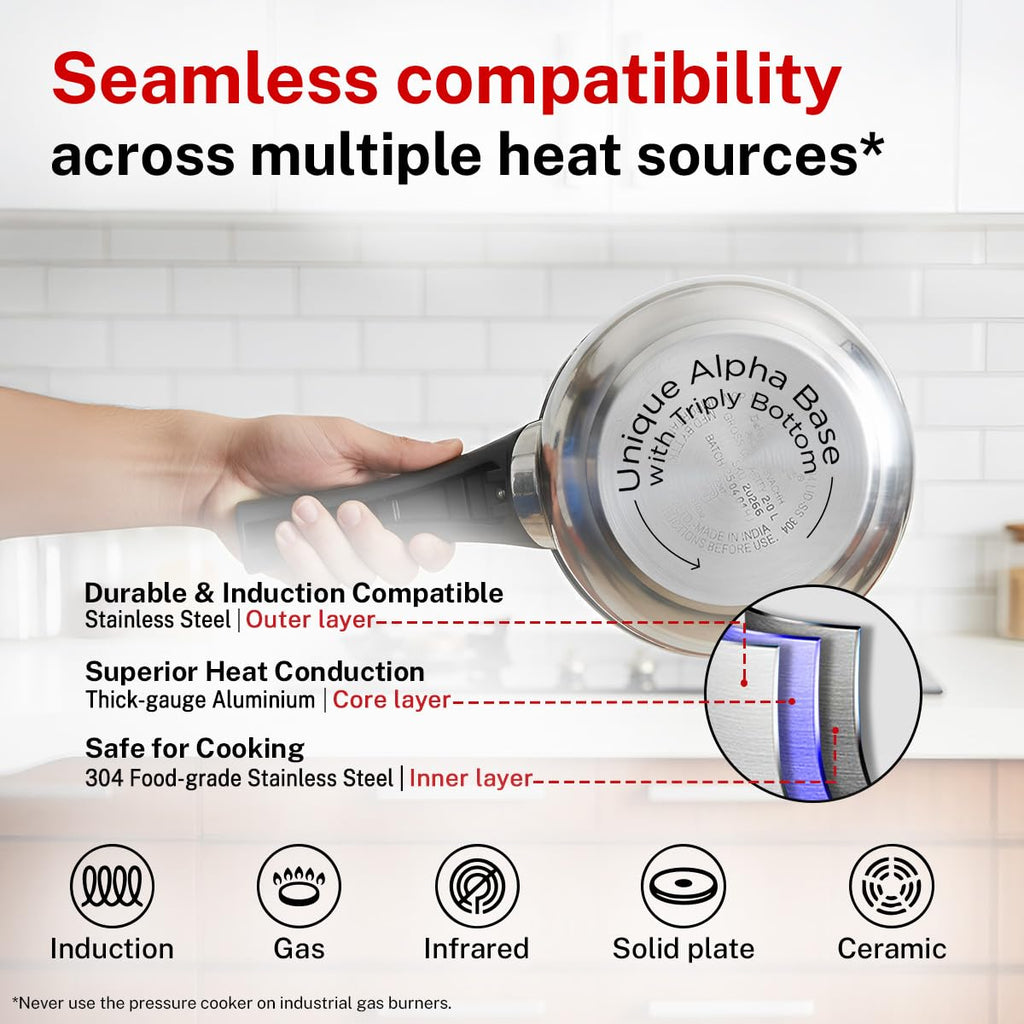 Prestige 2 Litre Stainless Steel Deluxe Alpha Svachh Outerlid Baby Handi Pressure Cooker|10 years warrantyDeep lid for spillage control|Gas & Induction compatible|ISI Certified