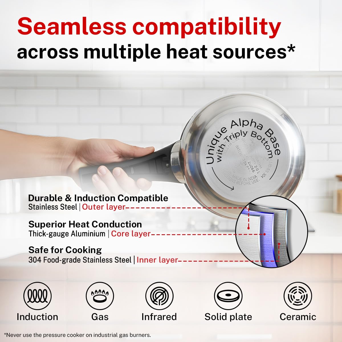 Prestige 2 Litre Stainless Steel Deluxe Alpha Svachh Outerlid Baby Handi Pressure Cooker|10 years warrantyDeep lid for spillage control|Gas & Induction compatible|ISI Certified