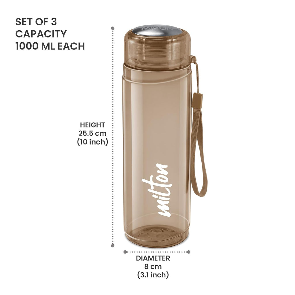 MILTON Hector 1000 Pet Water Bottle, Set of 3, 1 Litre Each, Brown, Reusable Plastic Fridge Bottle, BPA Free and Leak Proof Bottles for Travel, Work