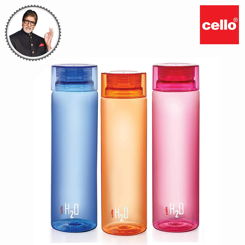 CELLO H2O Water Bottles Set of 3 Pcs For Daily Use, 1000ml Each Multicolor | Stylish & Unbreakable BPA-Free Leakproof Refrigerator Safe Pet Water Bottle For School, Office, Kitchen & Travel
