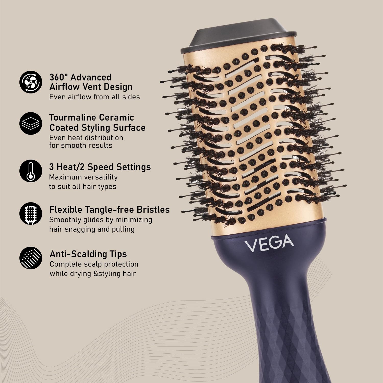 Vega Pro Volumizer Hair Blow Dryer Brush, 3 in 1 Hot Air Brush, 360° Airflow Vent, 2 in1 Quick Drying & Styling, 3 Heat/2 Speed Settings, Hair Dryer Brush, Blowout Volumizer Brush(1000-1200W, VHSD-02)