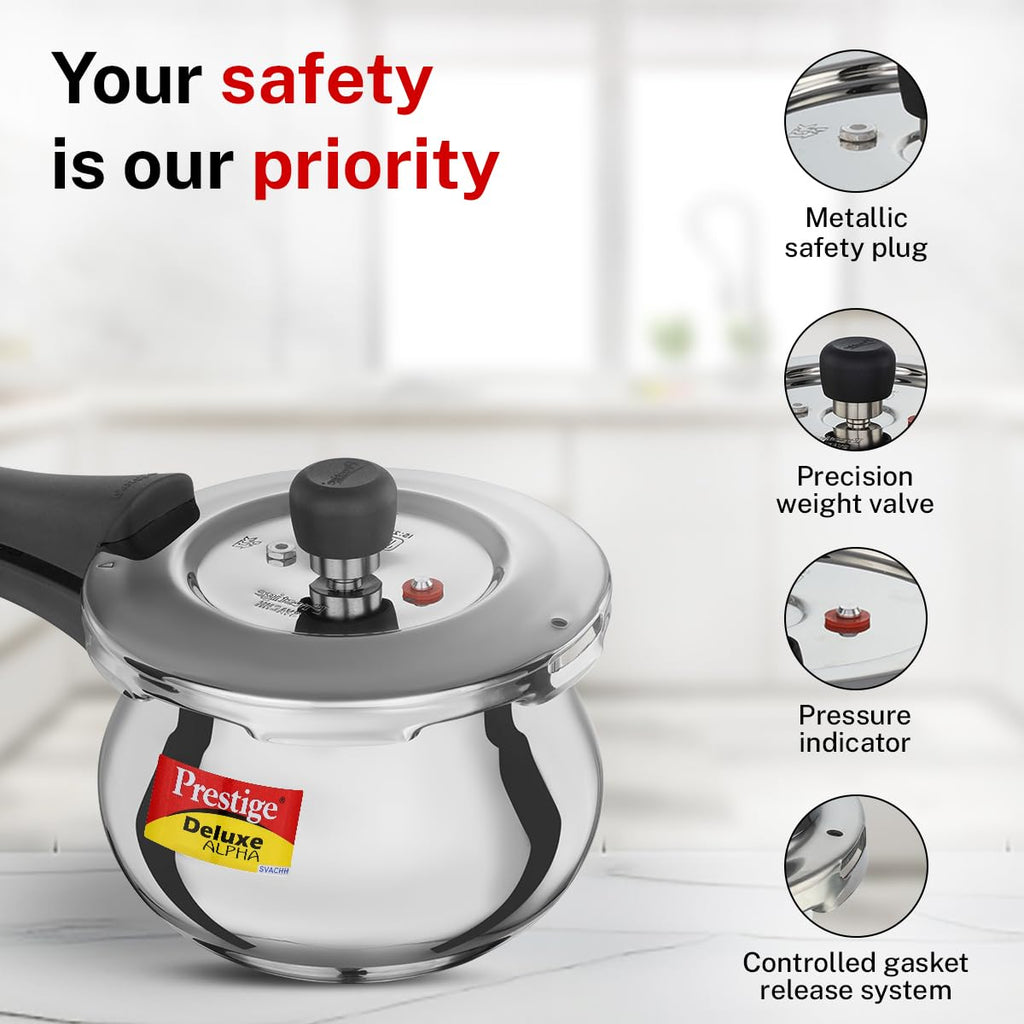 Prestige 2 Litre Stainless Steel Deluxe Alpha Svachh Outerlid Baby Handi Pressure Cooker|10 years warrantyDeep lid for spillage control|Gas & Induction compatible|ISI Certified