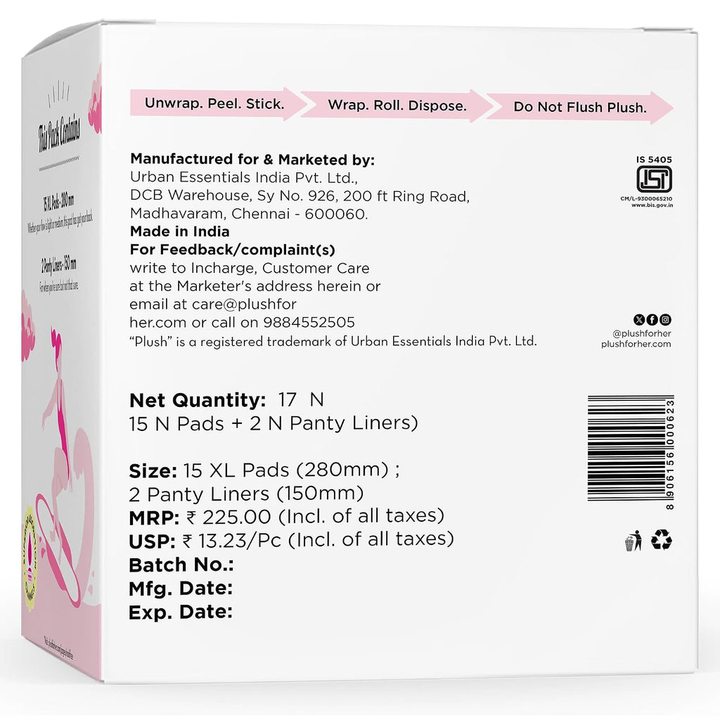 Plush Ultra-Thin Sanitary Pads for Women XL, 15 Pcs (Pack of 2) | For Light-Medium Flow | 4 Panty Liners | Rash-Free | Pure U.S. Cotton