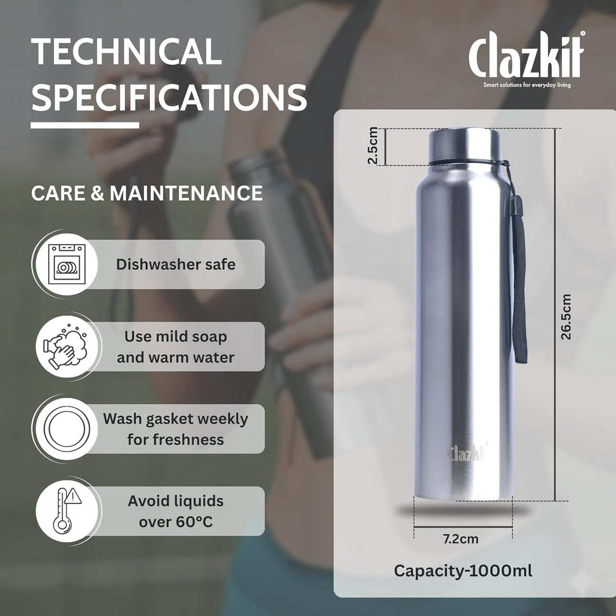 Clazkit Water Bottle Stainless Steel Sports/Fridge Bottle with Leak Proof Lid | Single Wall | For Home, Office, Gym, Travelling | Lightweight | BPA Free | 1000ml | Silver)