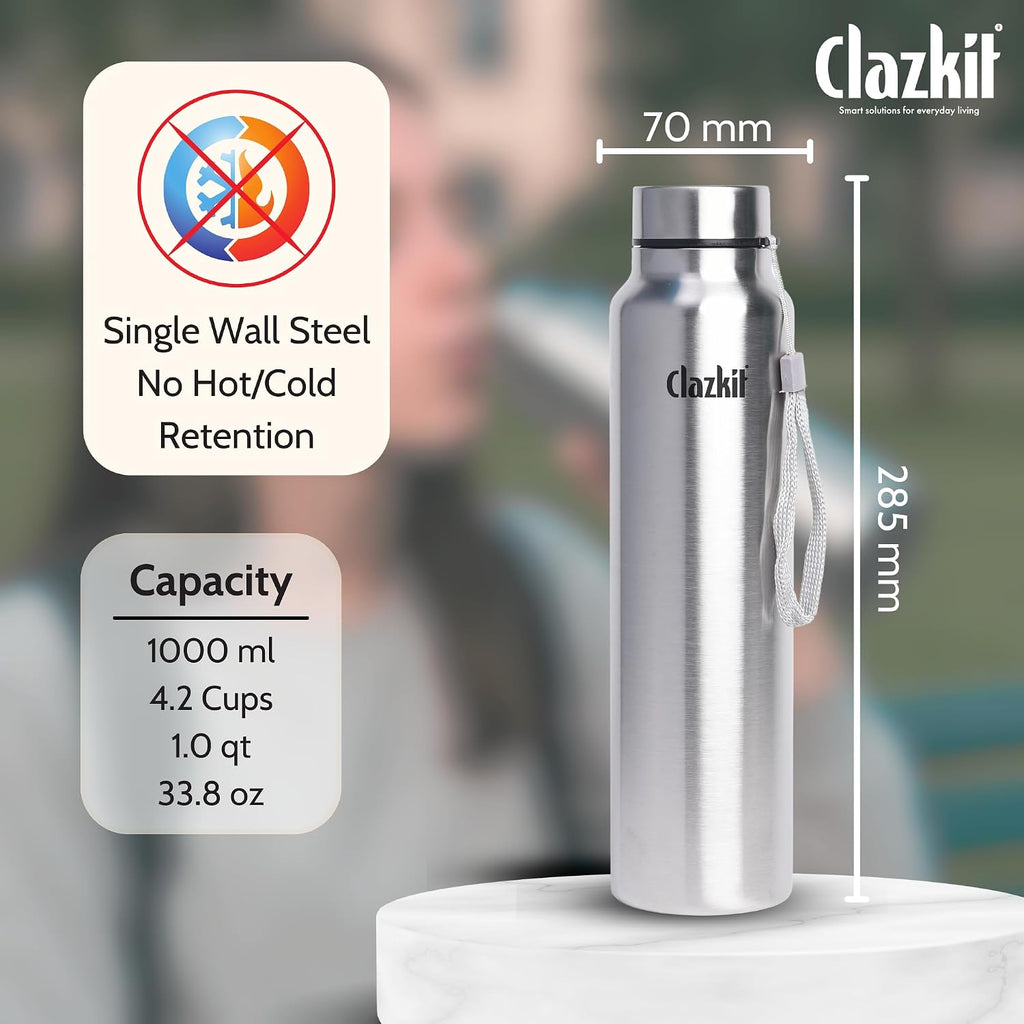Clazkit Water Bottle Stainless Steel Sports/Fridge Bottle with Leak Proof Lid | Single Wall | For Home, Office, Gym, Travelling | Lightweight | BPA Free | 1000ml | Silver)
