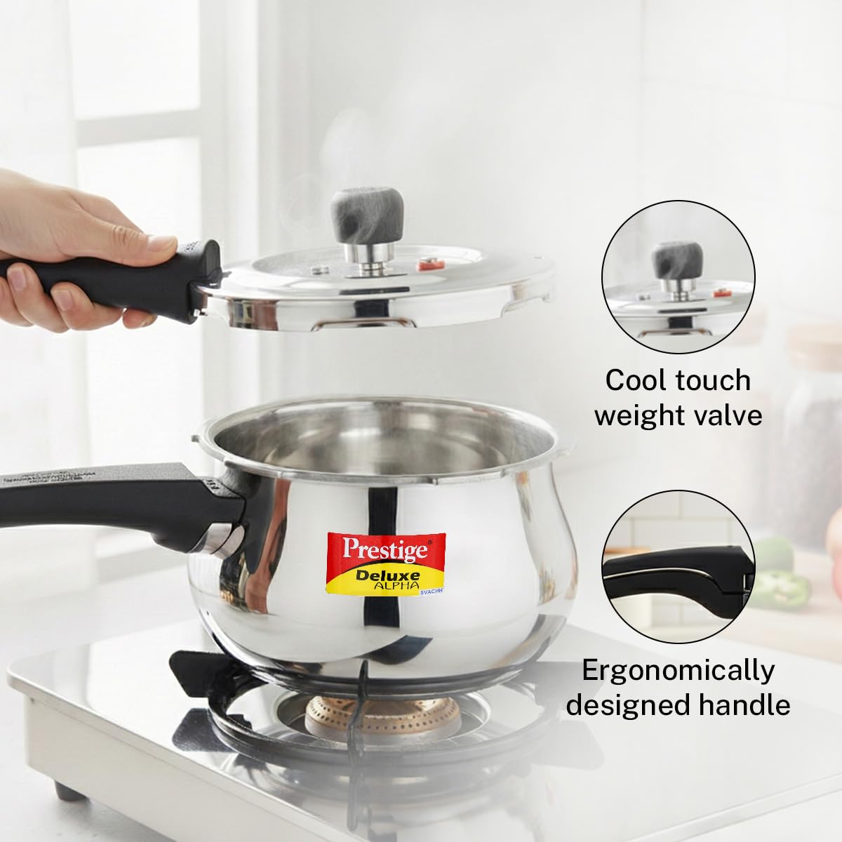 Prestige 2 Litre Stainless Steel Deluxe Alpha Svachh Outerlid Baby Handi Pressure Cooker|10 years warrantyDeep lid for spillage control|Gas & Induction compatible|ISI Certified
