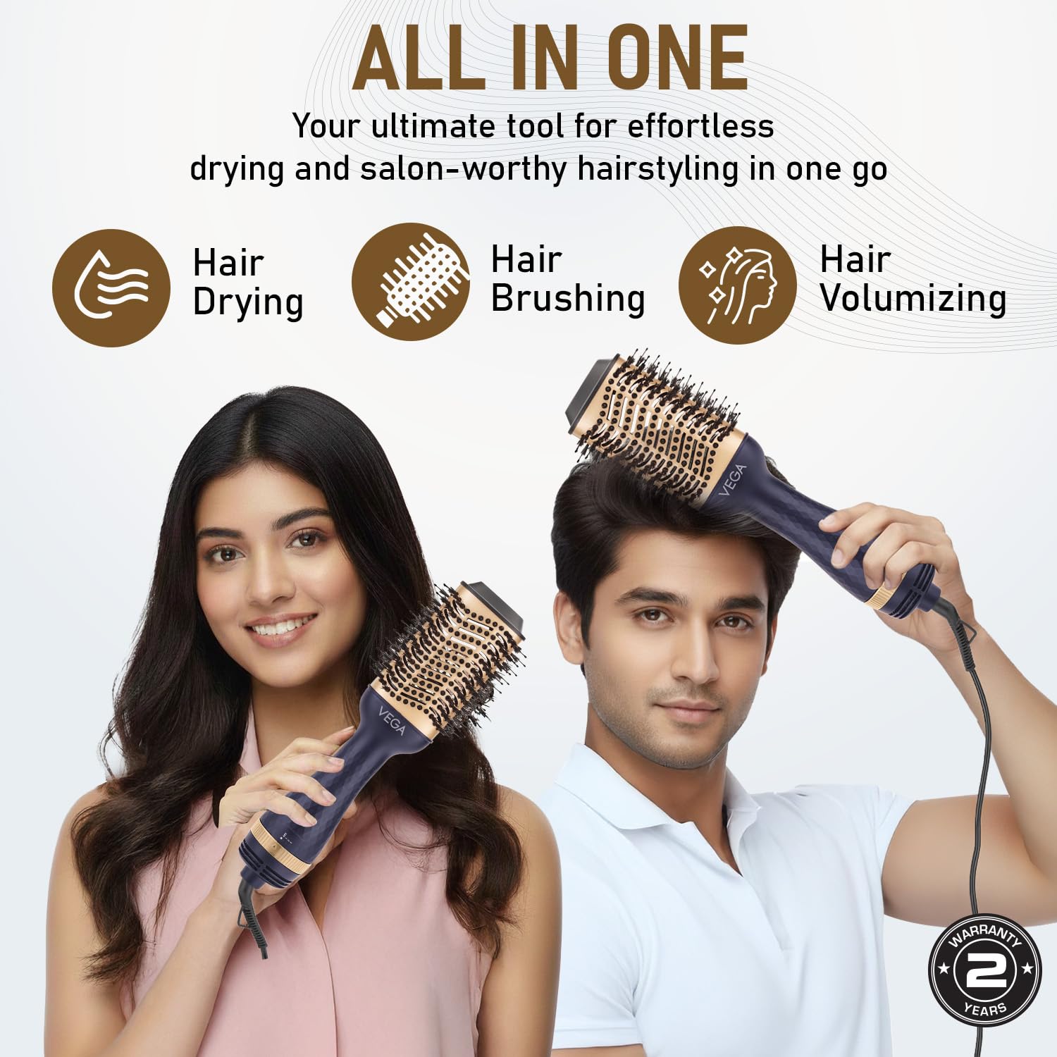 Vega Pro Volumizer Hair Blow Dryer Brush, 3 in 1 Hot Air Brush, 360° Airflow Vent, 2 in1 Quick Drying & Styling, 3 Heat/2 Speed Settings, Hair Dryer Brush, Blowout Volumizer Brush(1000-1200W, VHSD-02)