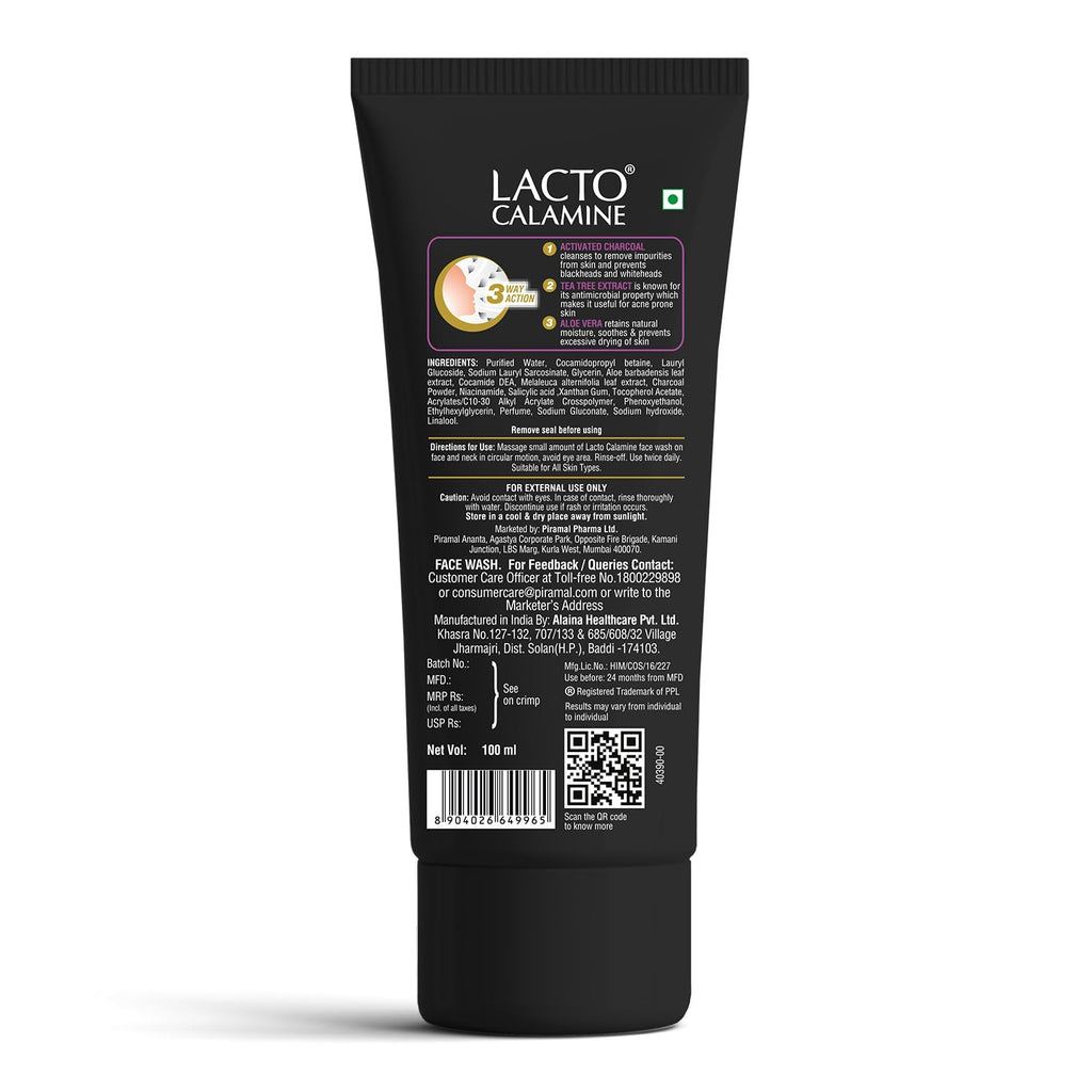 Lacto Calamine Charcoal Activates Face Wash Aloe Vera &amp; Tea Tree Extract for Deep Skin Detox