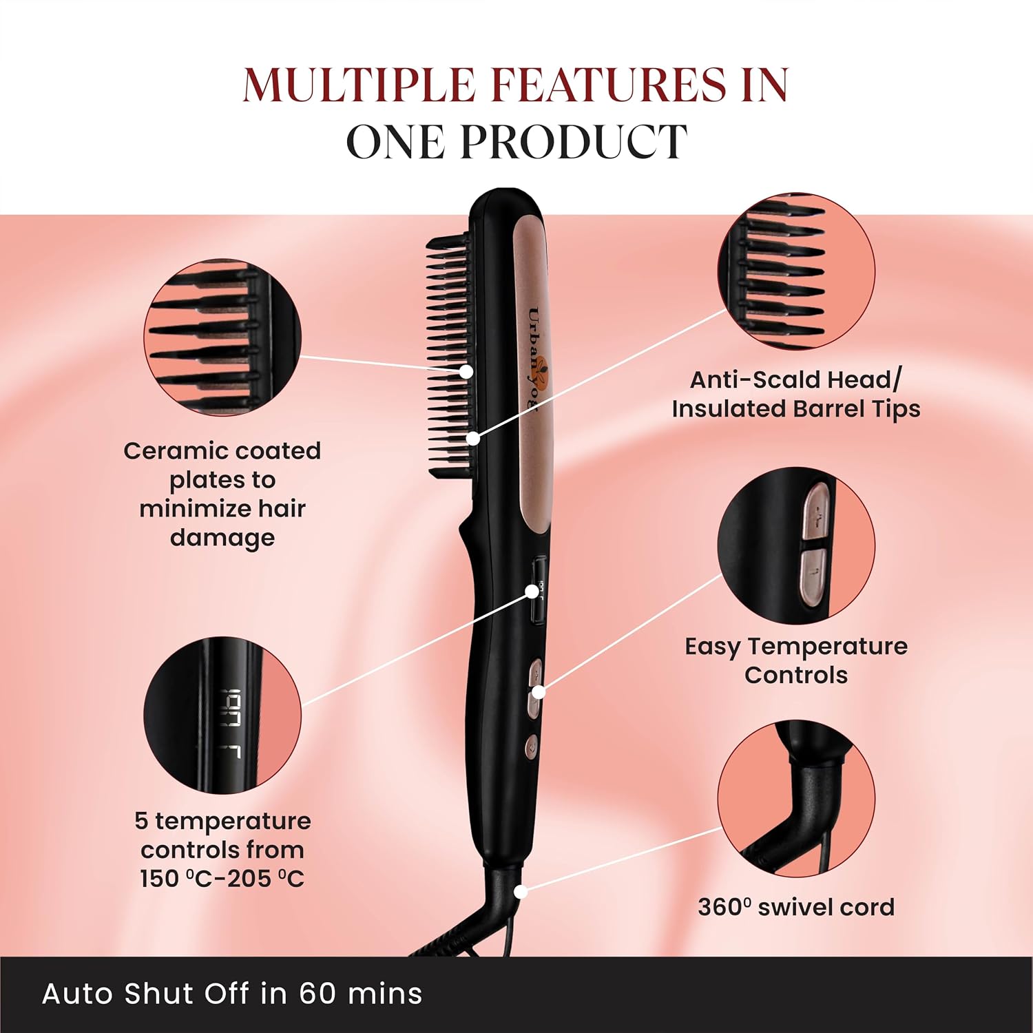 Urban yog MakeMeeBold Hair Straightener Brush & Automatic Hair Curler, Frizz Free Hair, Easy Two-Way Curling, Ceramic Coated, 5 Temperature Controls, 4 Curl Settings, Anti-Scald Design, 1200W, Black